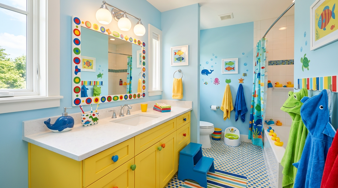 Add a fun shower curtain or tile accent as the focal point